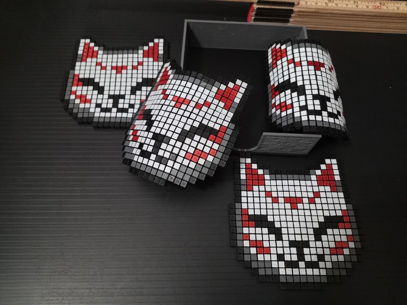 🐾 Articulated Pixel Cat Coaster Set with Holder – by PipeCox